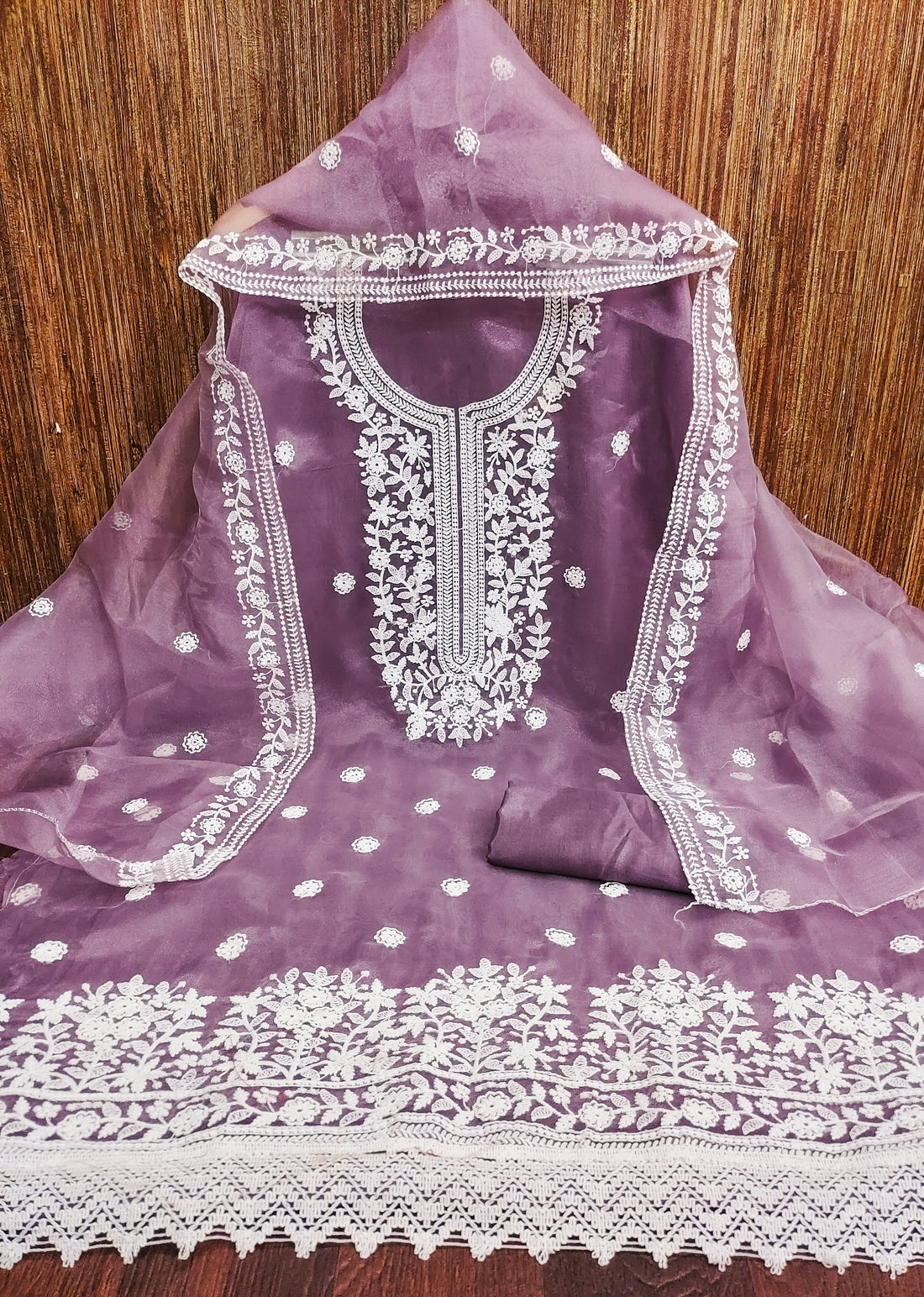 Light Wine Floral Embroidered Organza Dress Material.