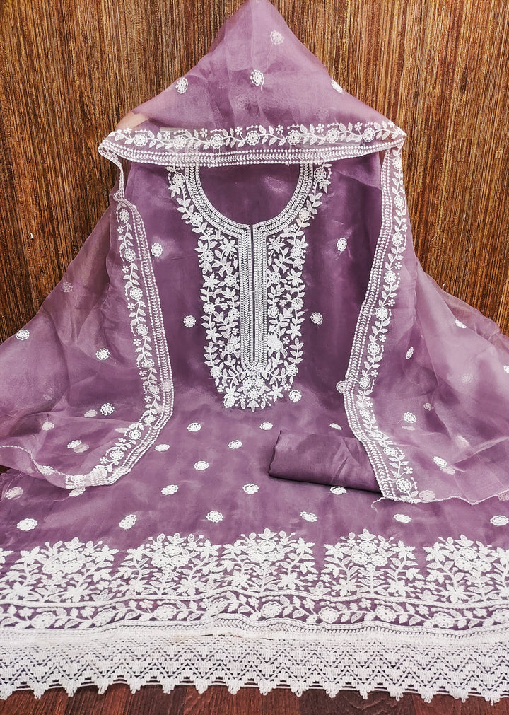 Light Wine Floral Embroidered Organza Dress Material.