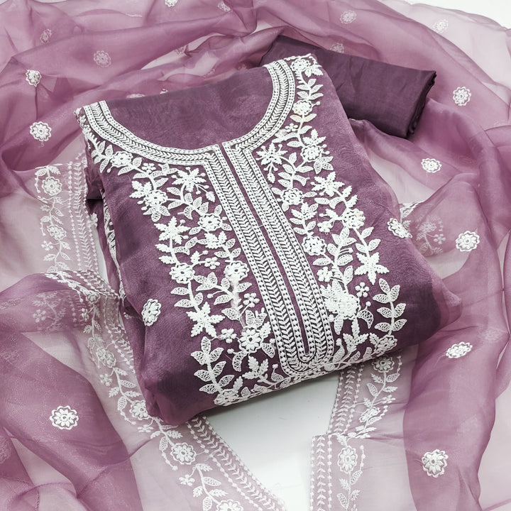 Light Wine Floral Embroidered Organza Dress Material.