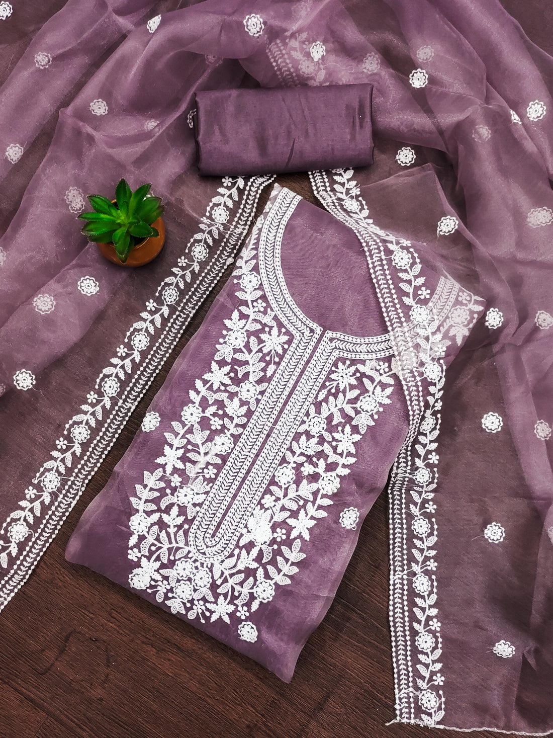 Light Wine Floral Embroidered Organza Dress Material.