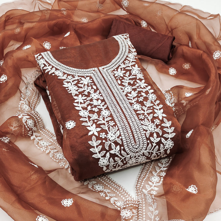 Brown Floral Embroidered Organza Dress Material.