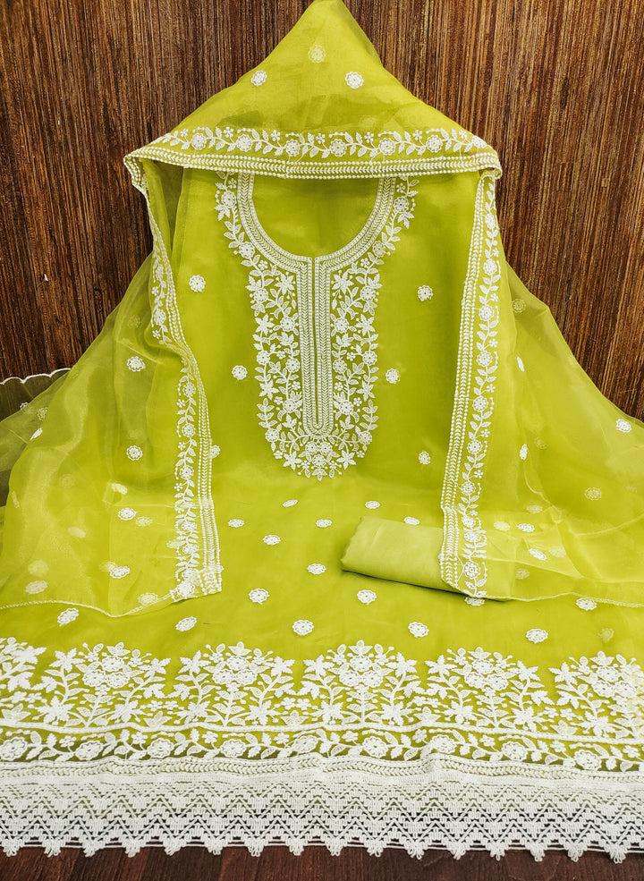 Parrot Green Floral Embroidered Organza Dress Material