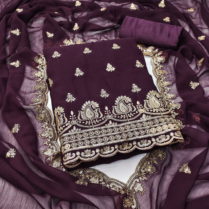 Wine Embroidered Georgette Dress Material
