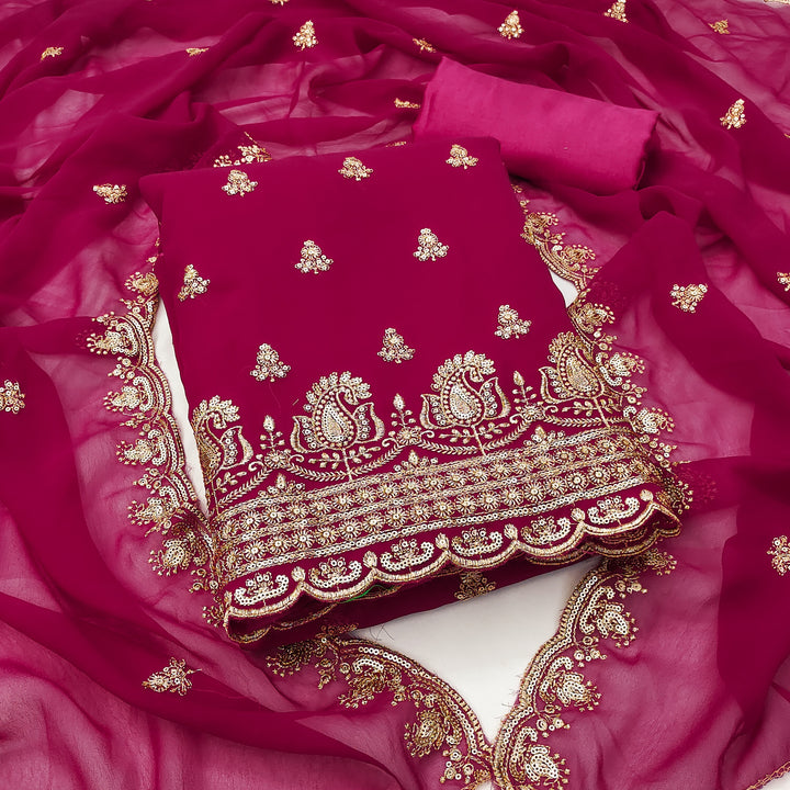 Rani Pink Embroidered Georgette Dress Material.