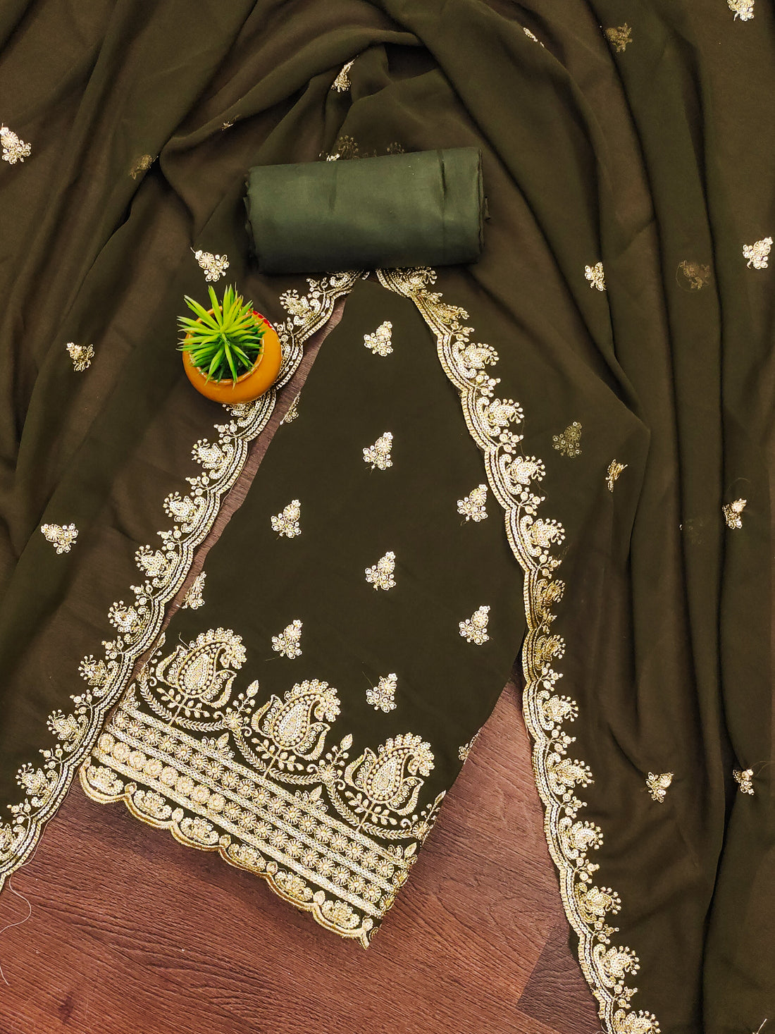 Mandhi Green Pink Embroidered Georgette Dress Material.