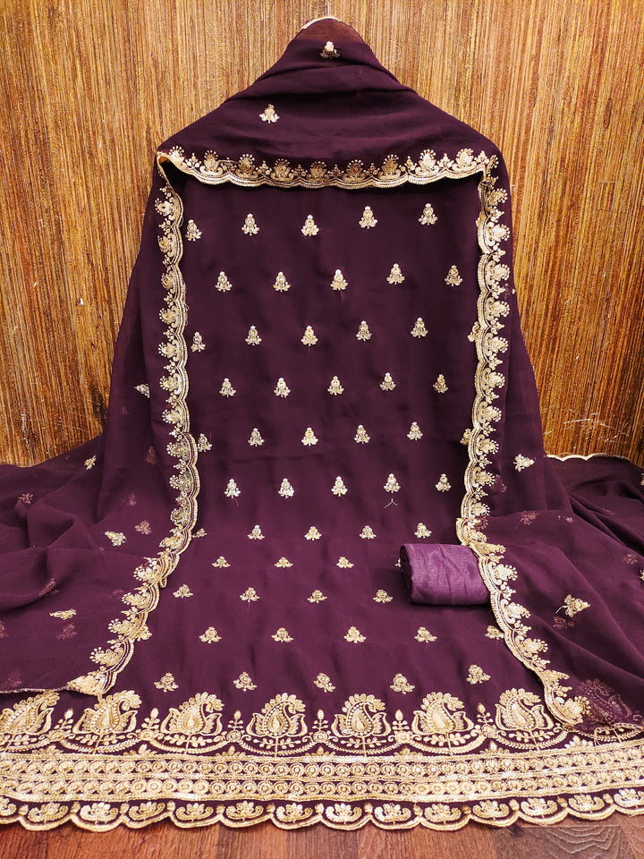 Wine Embroidered Georgette Dress Material