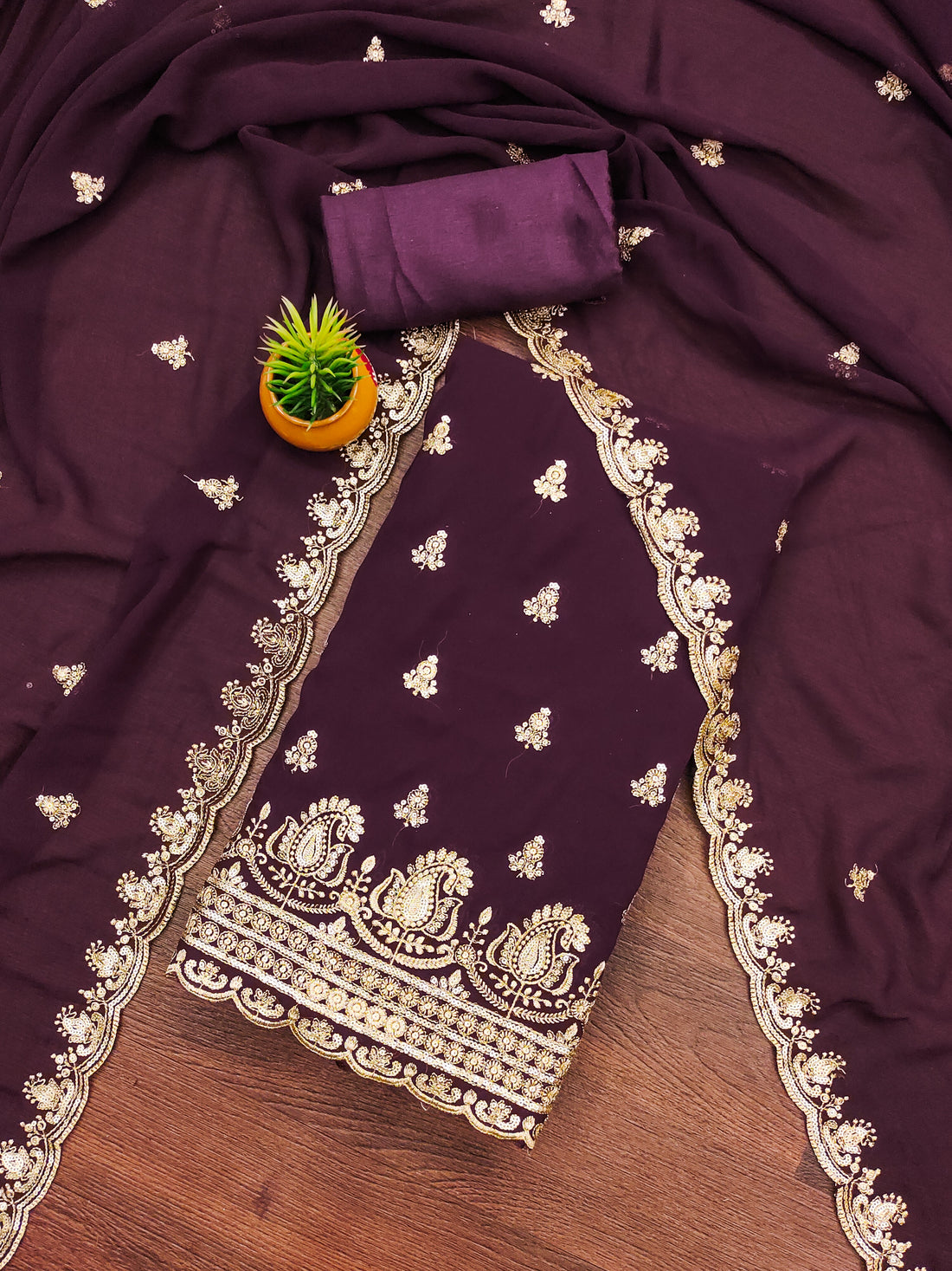 Wine Embroidered Georgette Dress Material