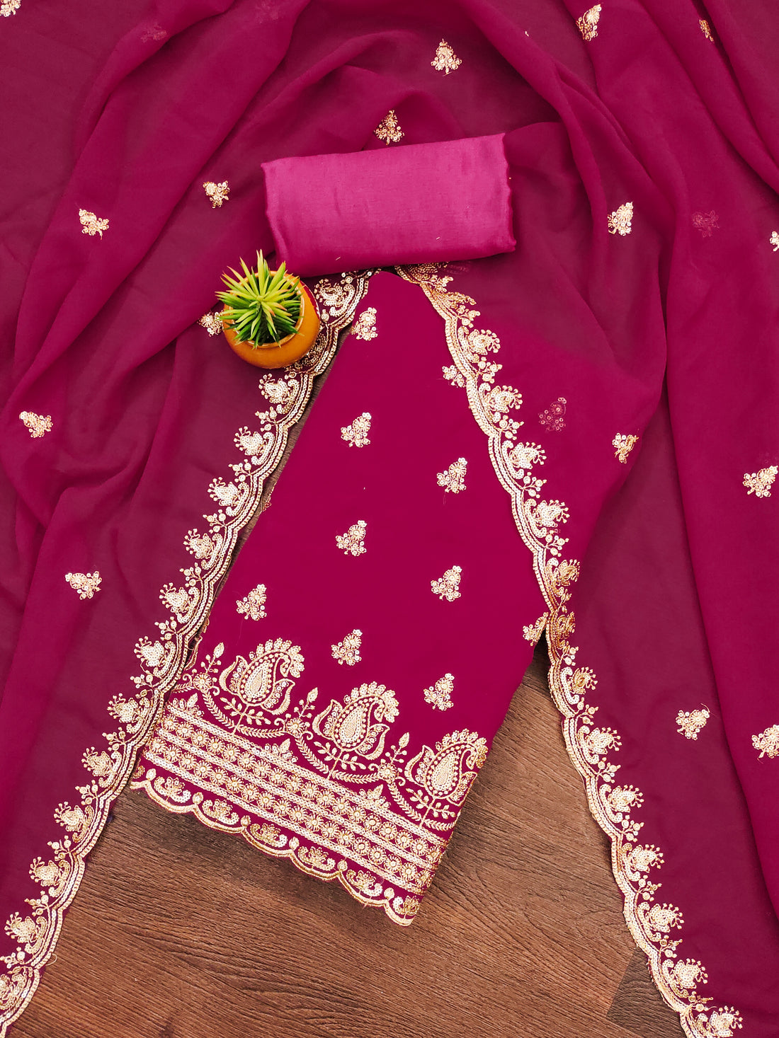 Rani Pink Embroidered Georgette Dress Material.