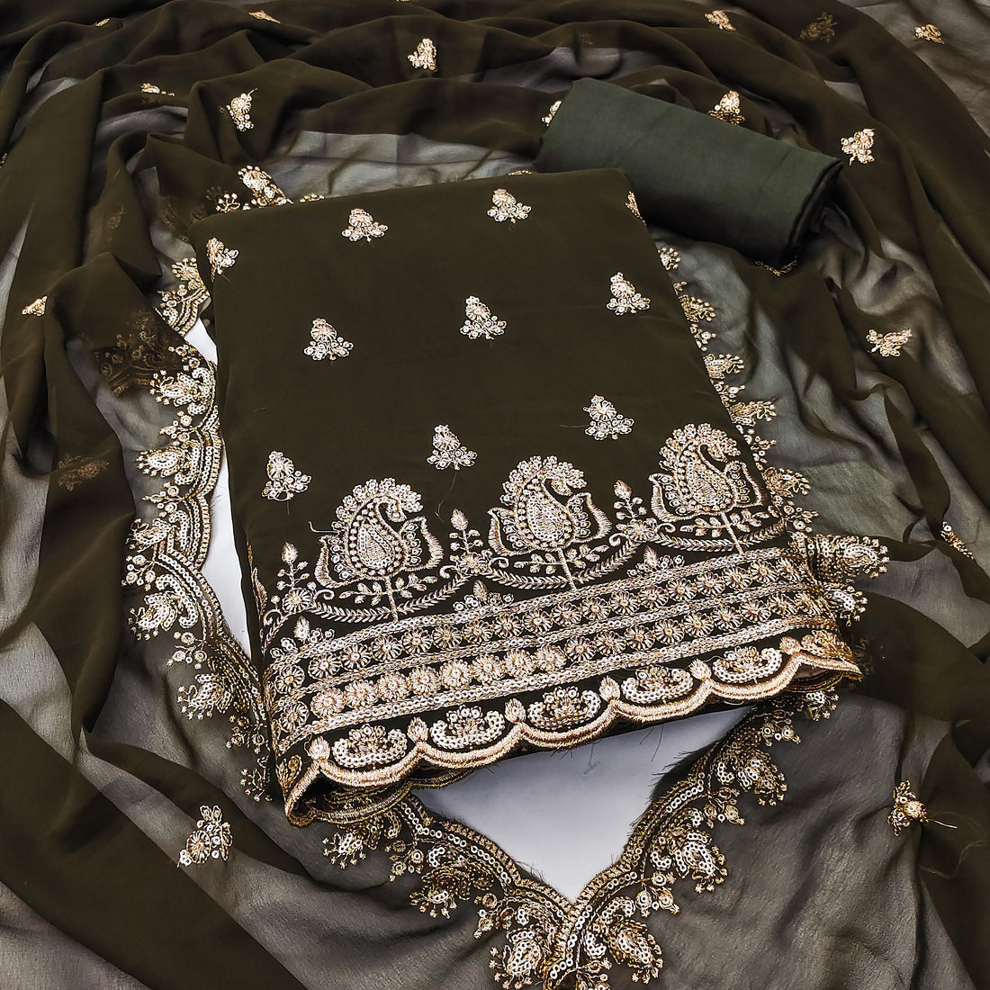 Mandhi Green Pink Embroidered Georgette Dress Material.