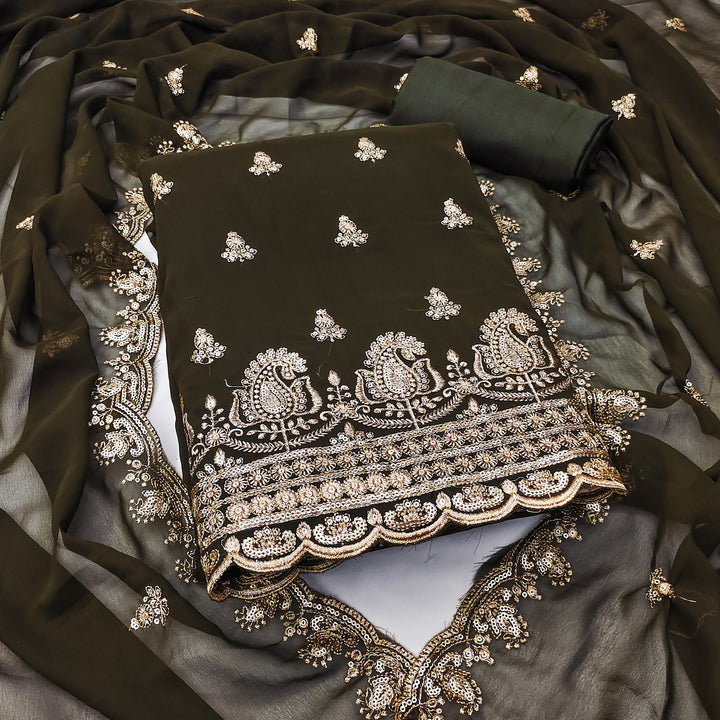 Mandhi Green Pink Embroidered Georgette Dress Material.
