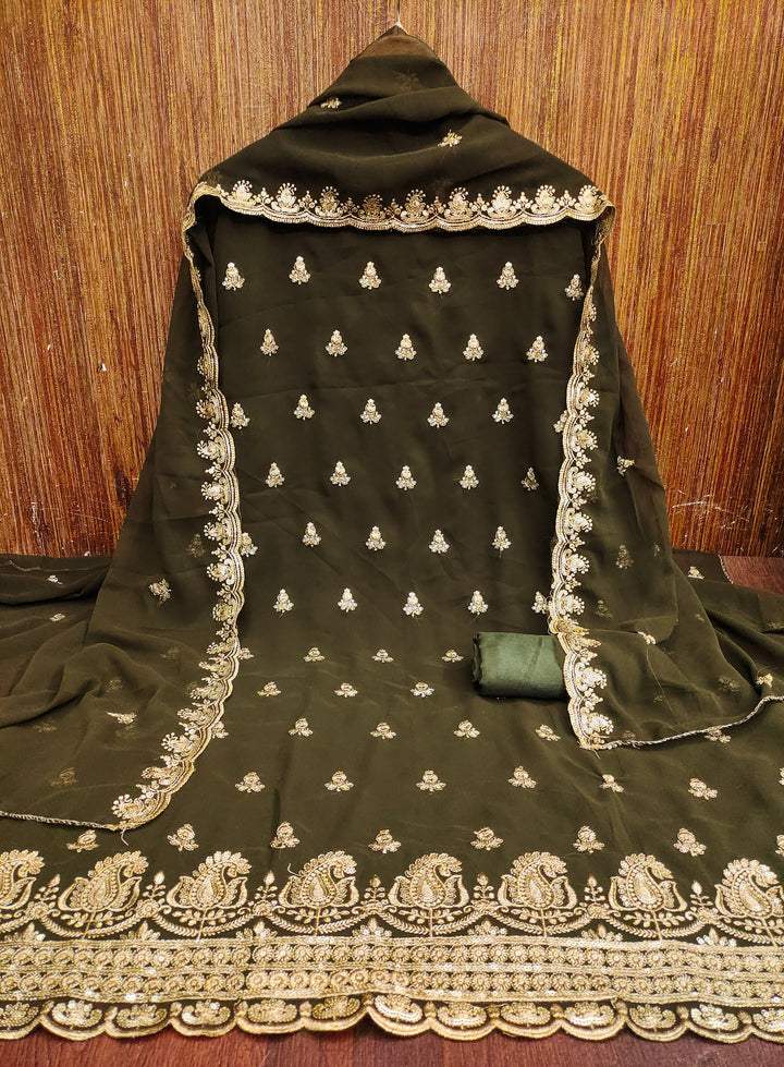 Mandhi Green Pink Embroidered Georgette Dress Material.