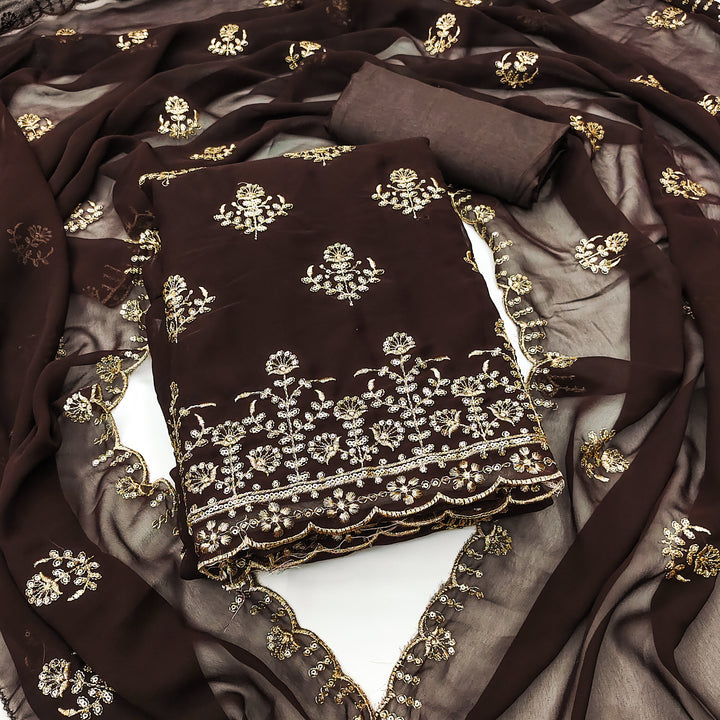 Brown Floral Embroidered Georgette Dress Material