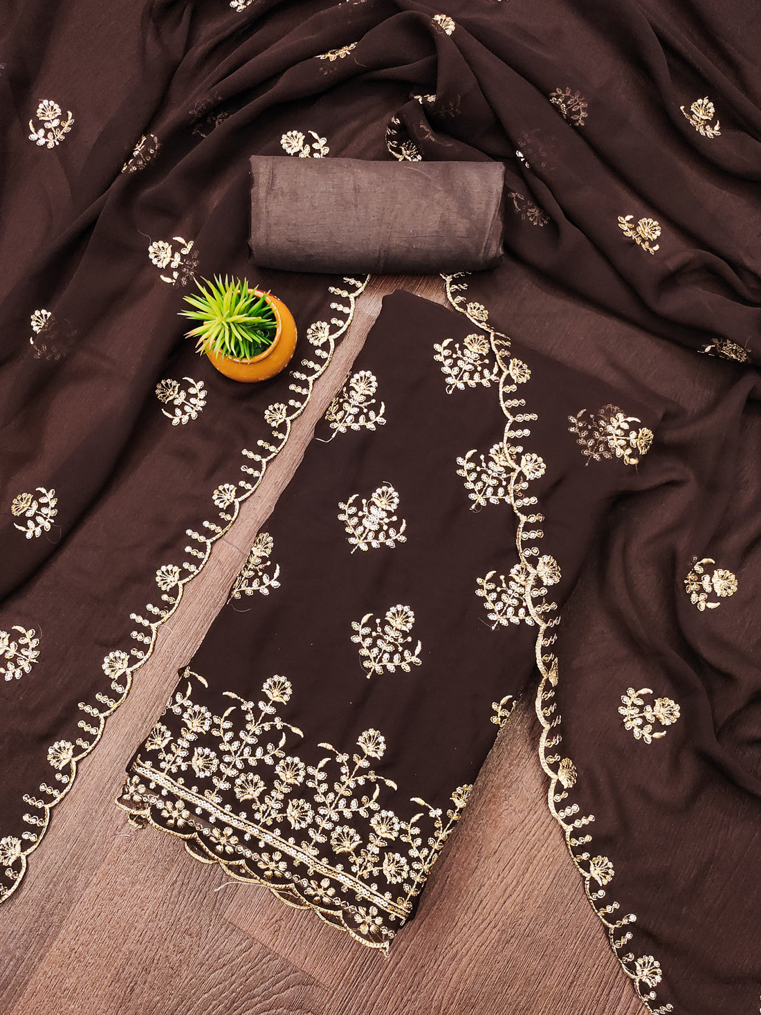 Brown Floral Embroidered Georgette Dress Material