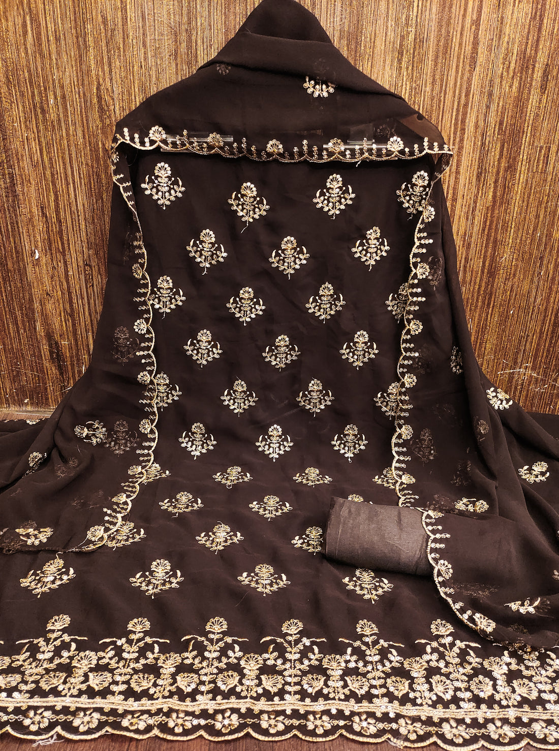 Brown Floral Embroidered Georgette Dress Material