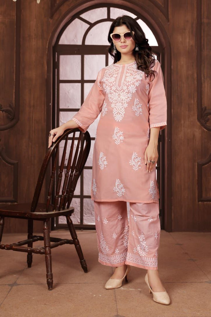 Sui Dhaga Vol-2 Chikankari Cotton Kurti Plazoo Set Peach