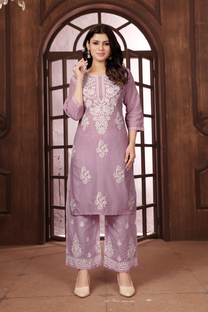 Sui Dhaga Vol-2 Chikankari Cotton Kurti Plazoo Set Levander