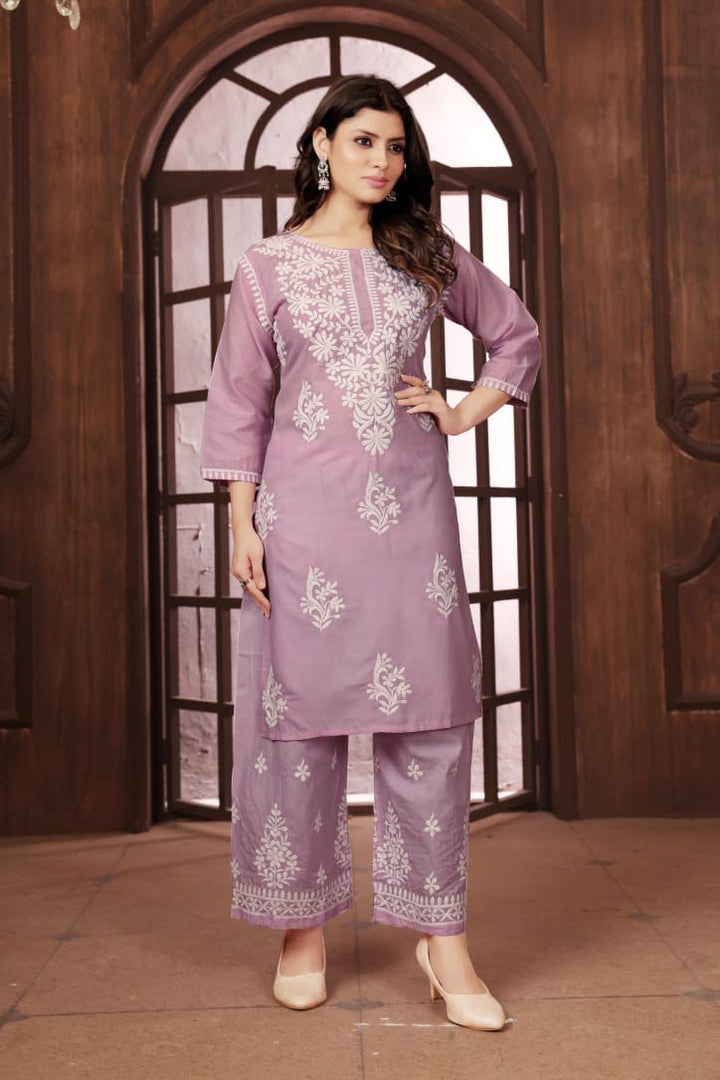 Sui Dhaga Vol-2 Chikankari Cotton Kurti Plazoo Set Levander