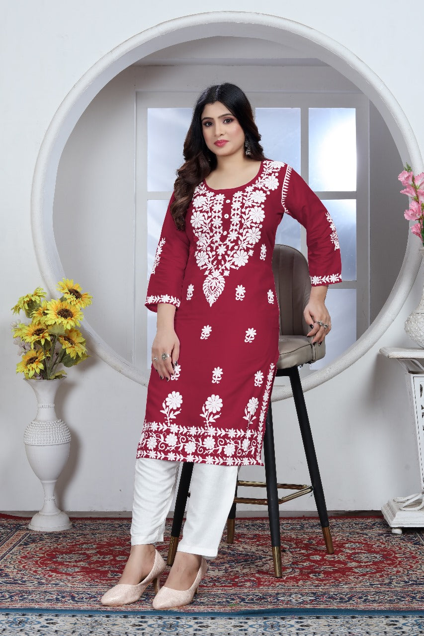 Sui Dhaga Chikankari Elegance Kurti Pant Set Maroon