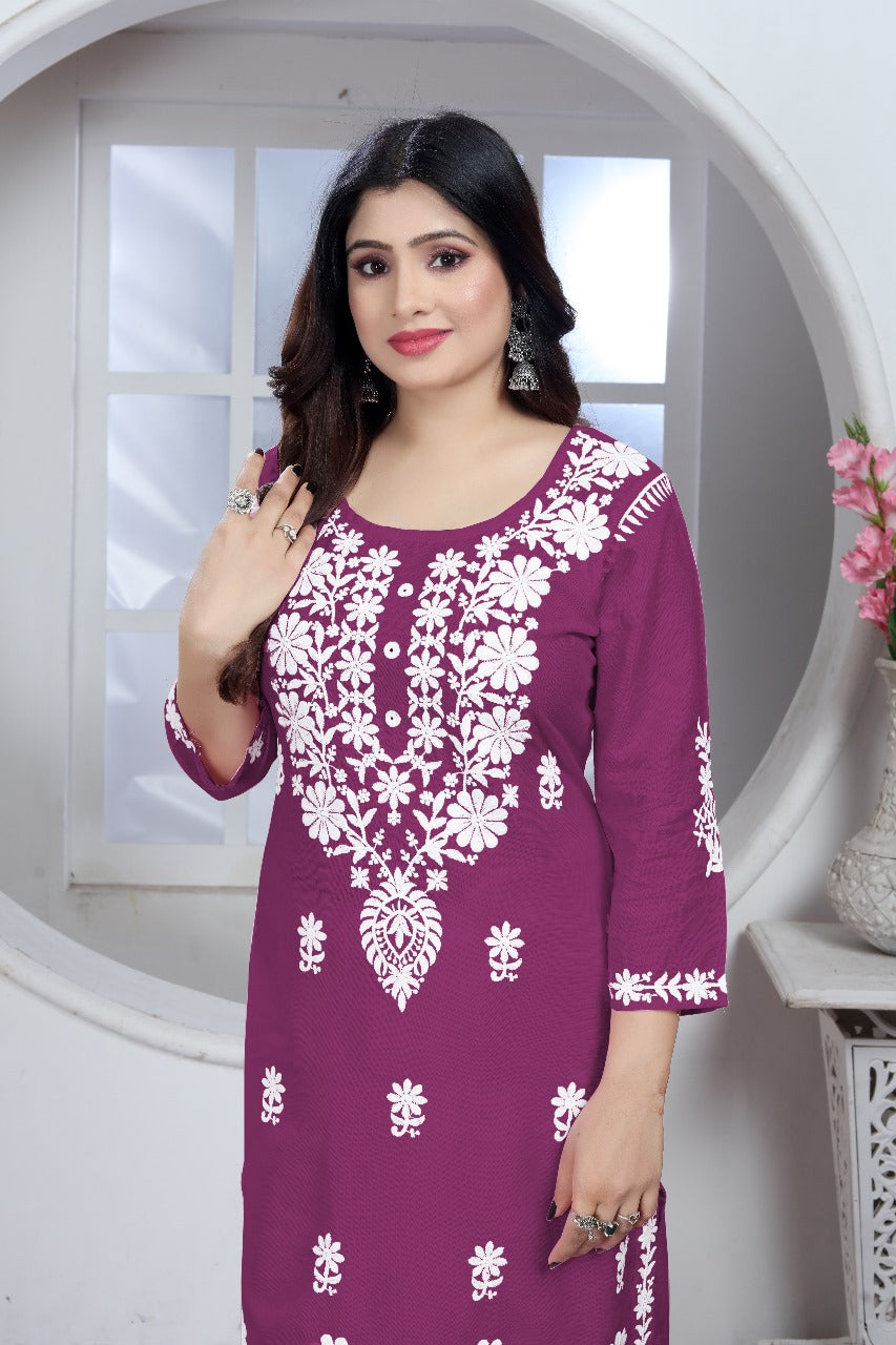 Sui Dhaga Chikankari Elegance Kurti Pant Set Purple