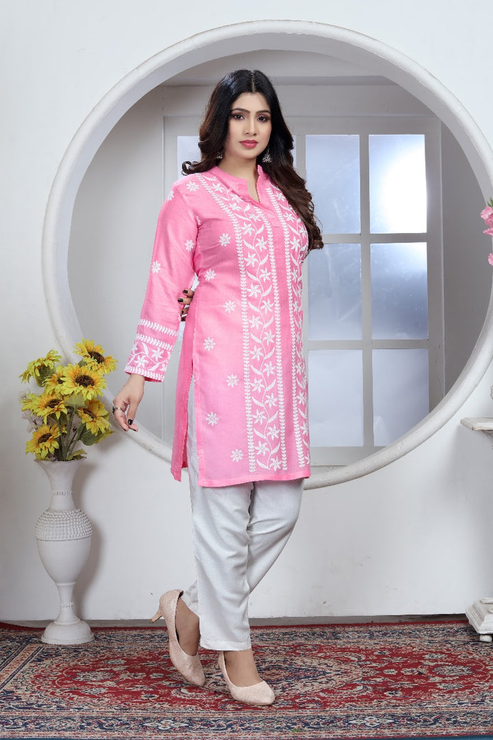 Avira – A blend of tradition and modernity Rayon Embroidery Top Kurti Pink