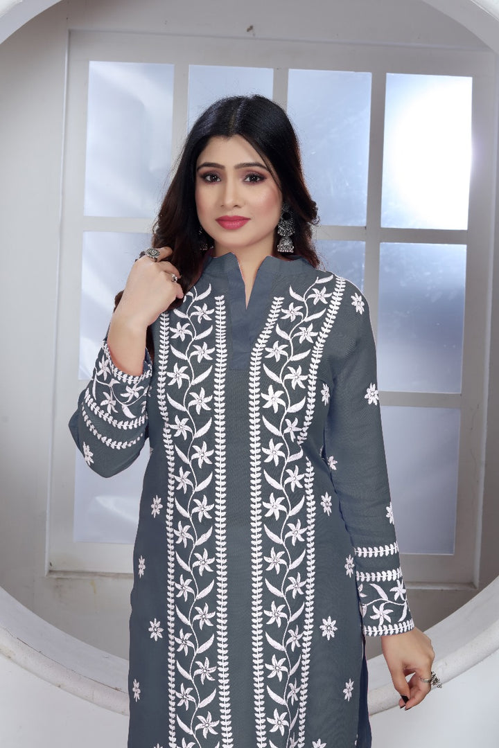 Avira – A blend of tradition and modernity Rayon Embroidery Top Kurti Grey