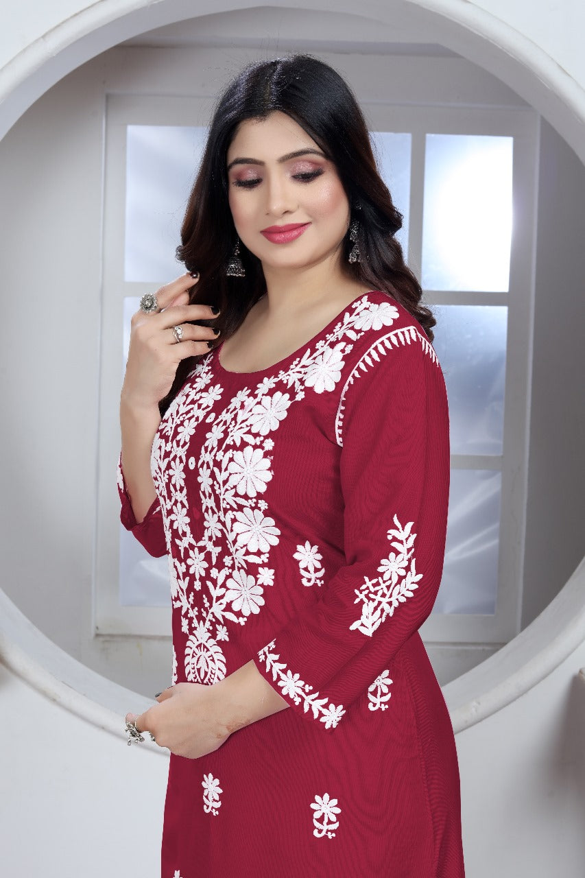 Sui Dhaga Chikankari Elegance Kurti Pant Set Maroon
