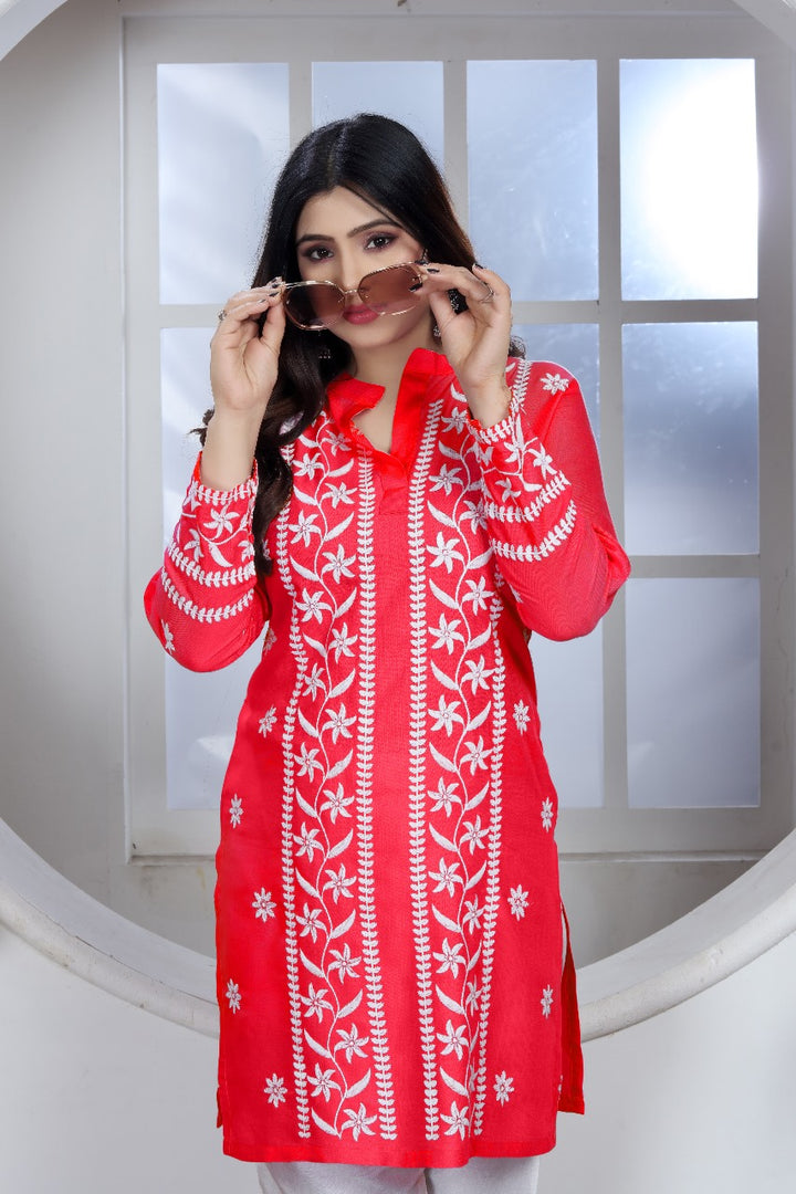 Avira – A blend of tradition and modernity Rayon Embroidery Top Kurti Red