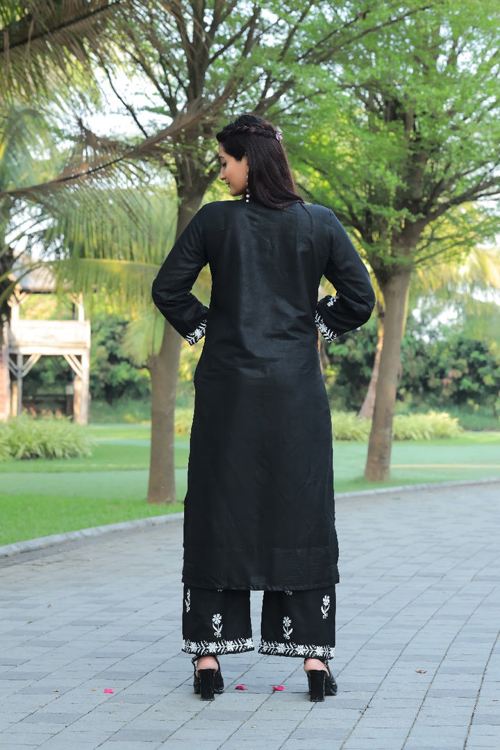 NAZ –  Elegant Chikankari Kurti Plazo Set Black