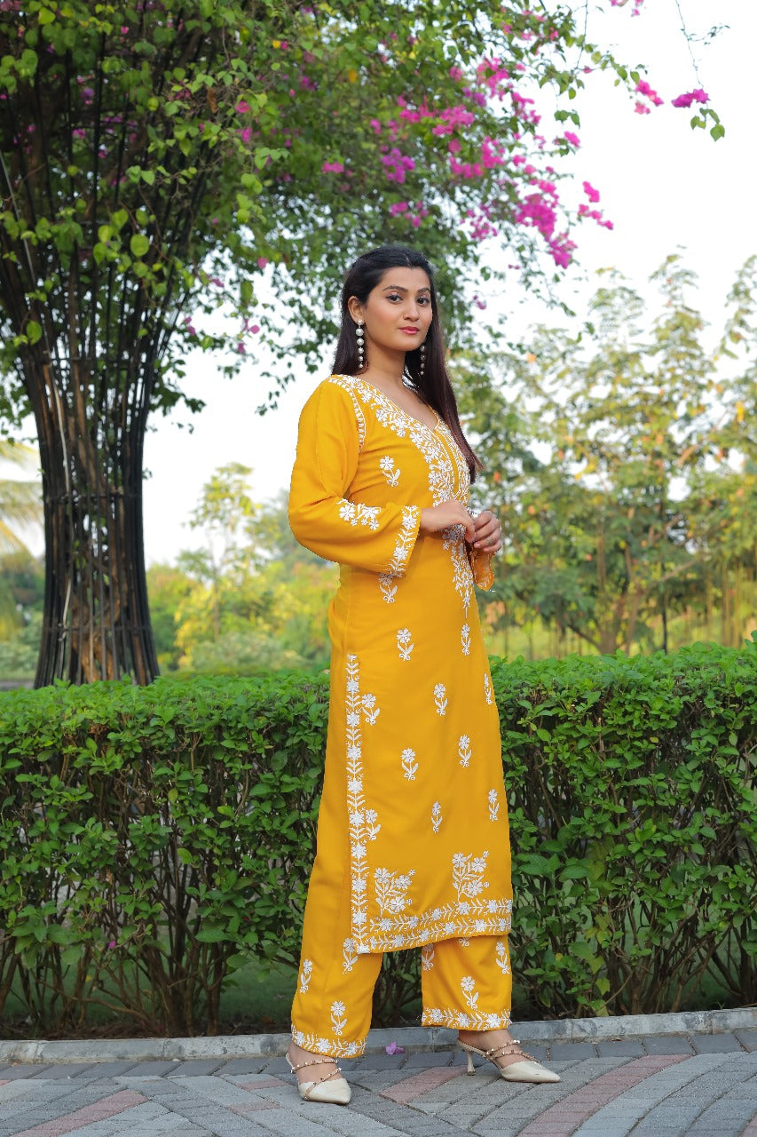 NAZ –  Elegant Chikankari Kurti Plazo Set Yellow