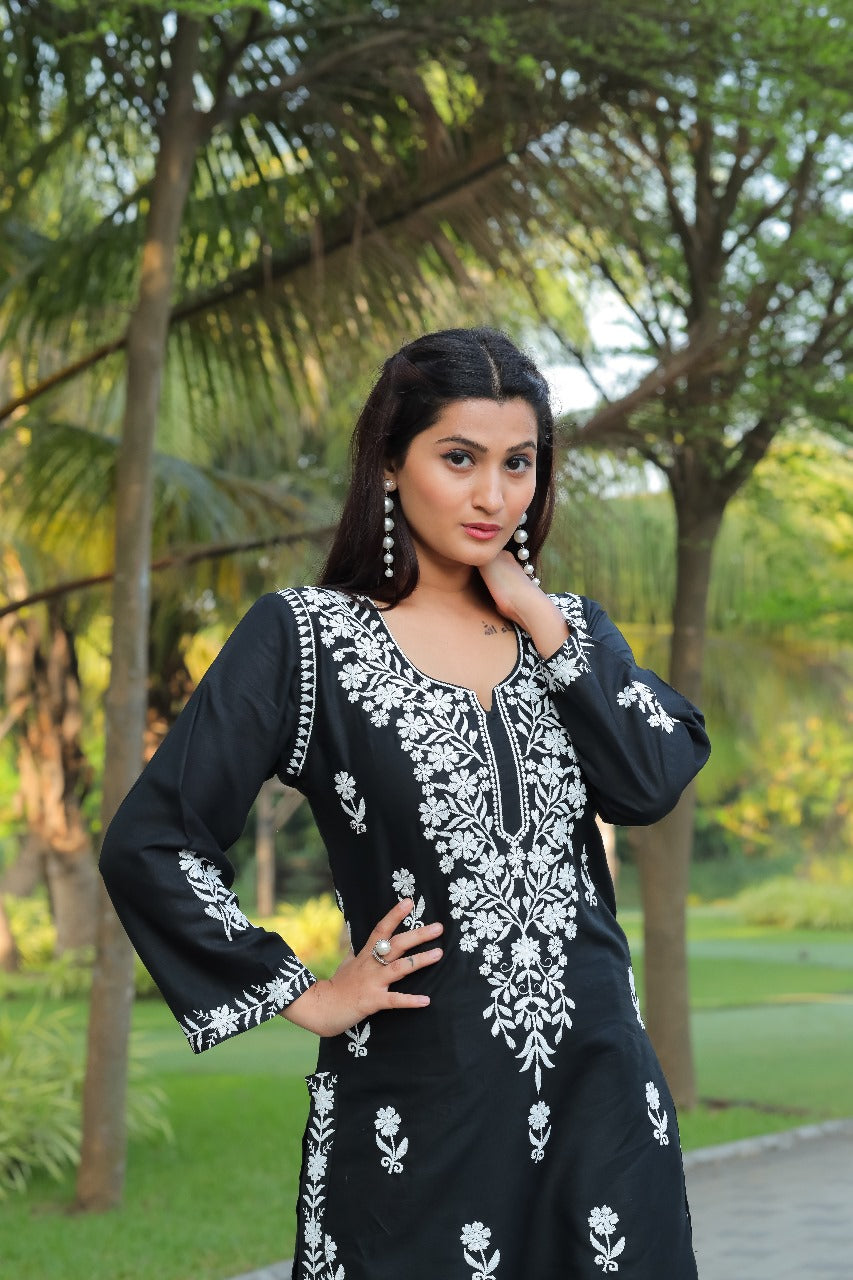 NAZ –  Elegant Chikankari Kurti Plazo Set Black