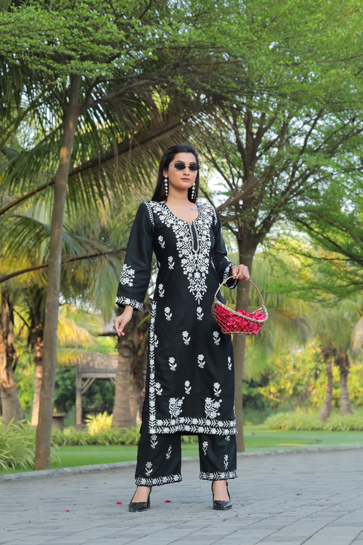 NAZ –  Elegant Chikankari Kurti Plazo Set Black