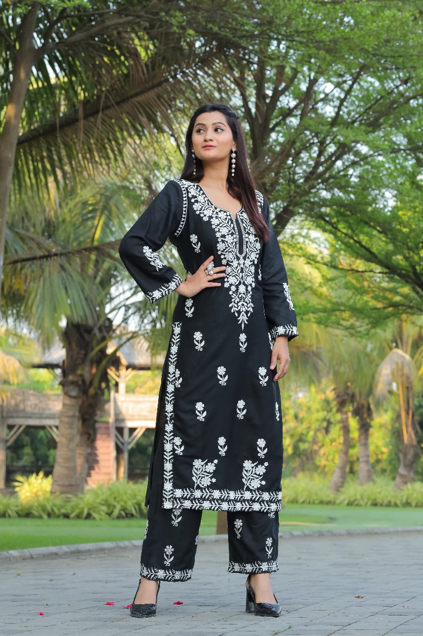 NAZ –  Elegant Chikankari Kurti Plazo Set Black