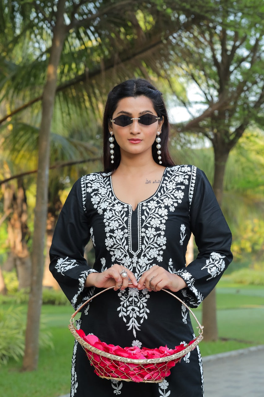 NAZ –  Elegant Chikankari Kurti Plazo Set Black
