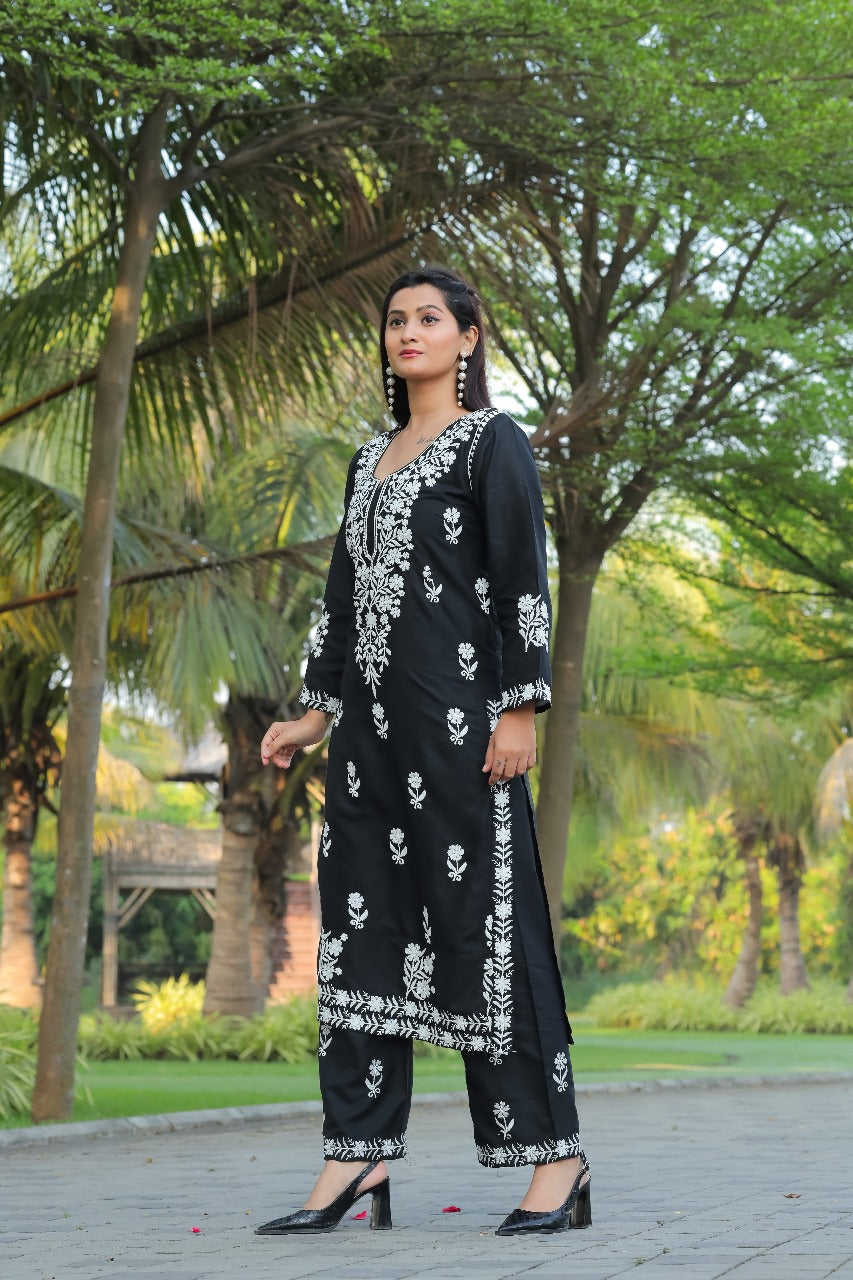 NAZ –  Elegant Chikankari Kurti Plazo Set Black