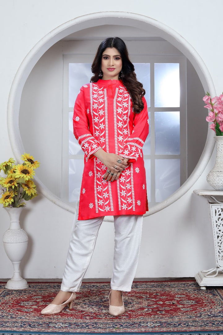 Avira – A blend of tradition and modernity Rayon Embroidery Top Kurti Red