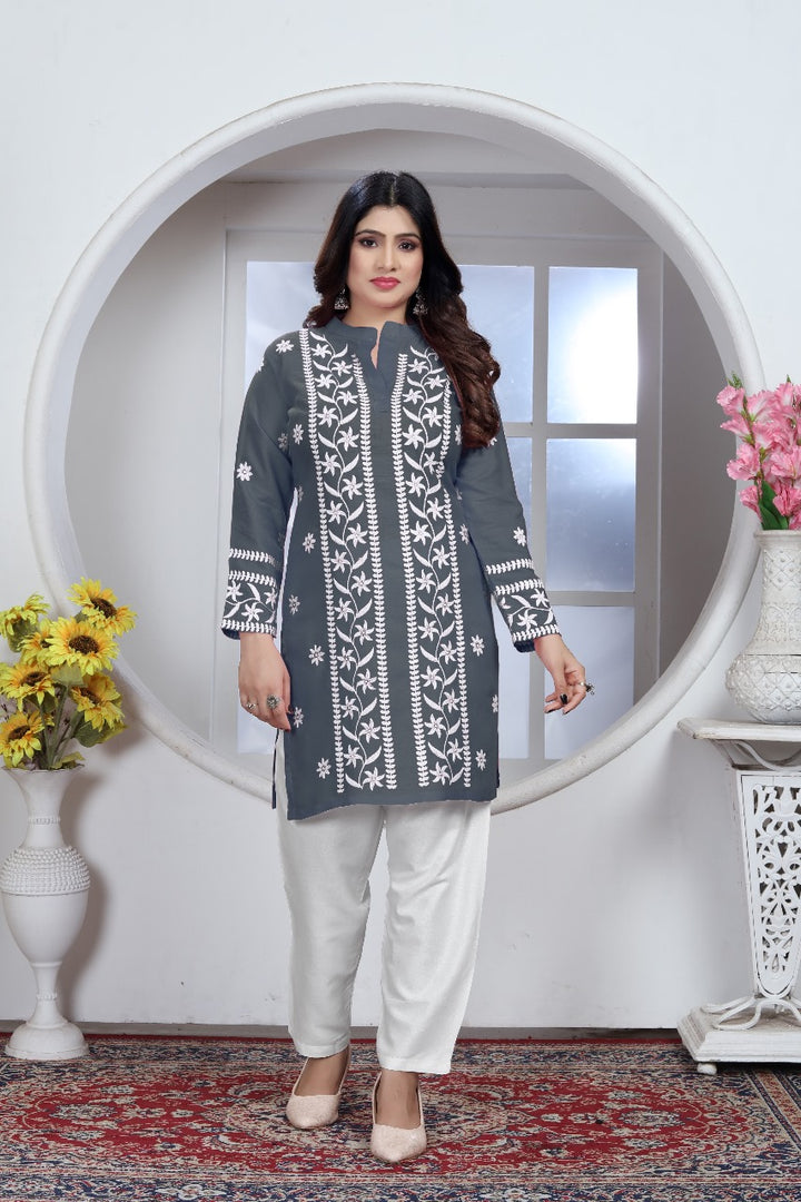 Avira – A blend of tradition and modernity Rayon Embroidery Top Kurti Grey