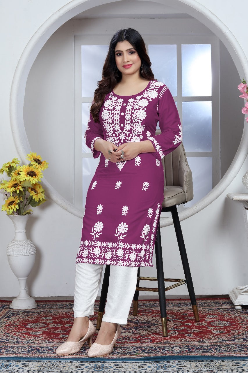 Sui Dhaga Chikankari Elegance Kurti Pant Set Purple