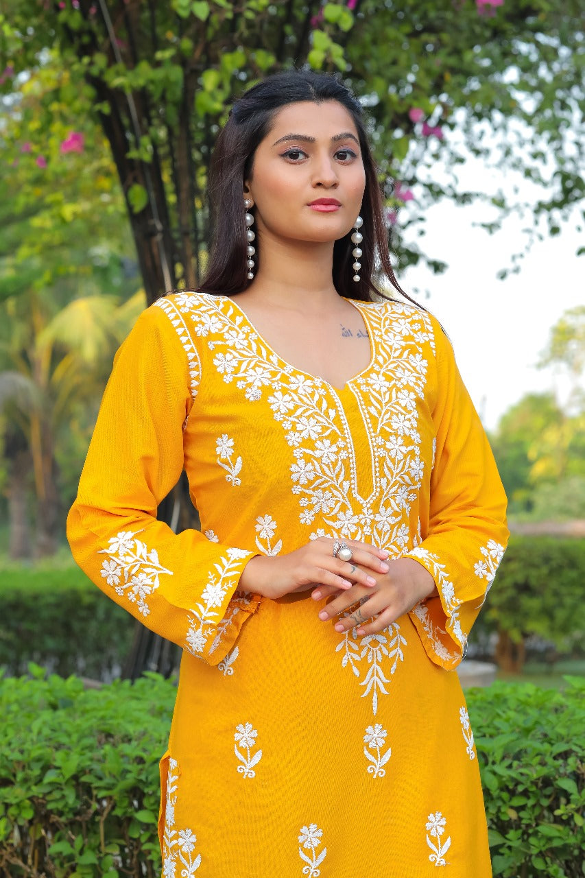 NAZ –  Elegant Chikankari Kurti Plazo Set Yellow
