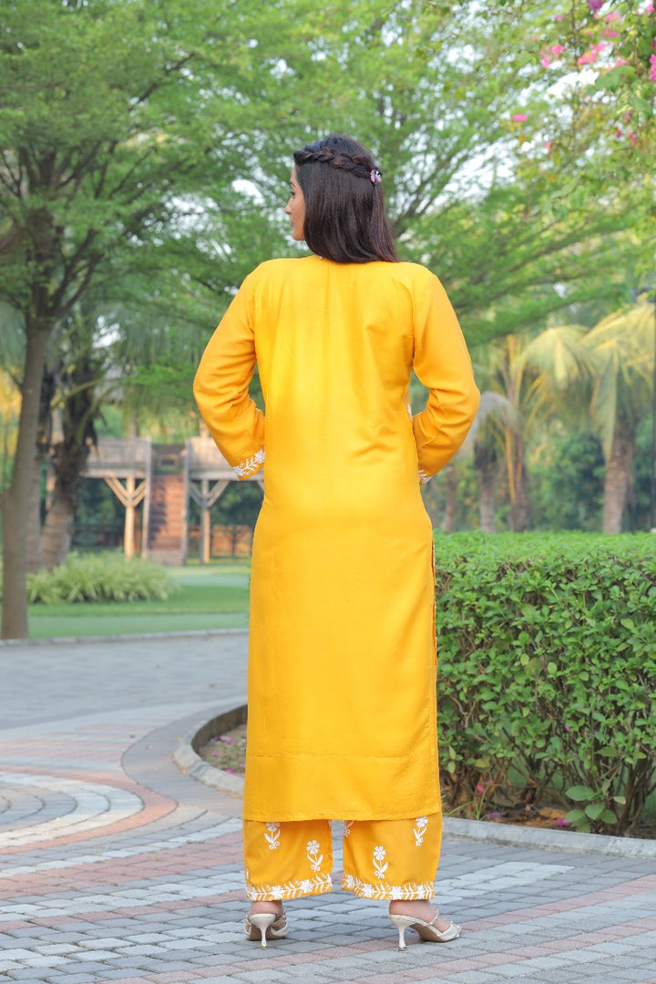 NAZ –  Elegant Chikankari Kurti Plazo Set Yellow