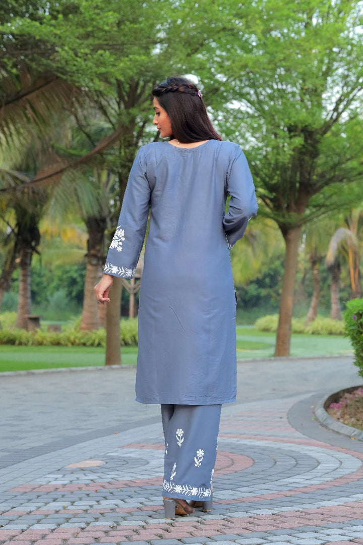 NAZ –  Elegant Chikankari Kurti Plazo Set Grey