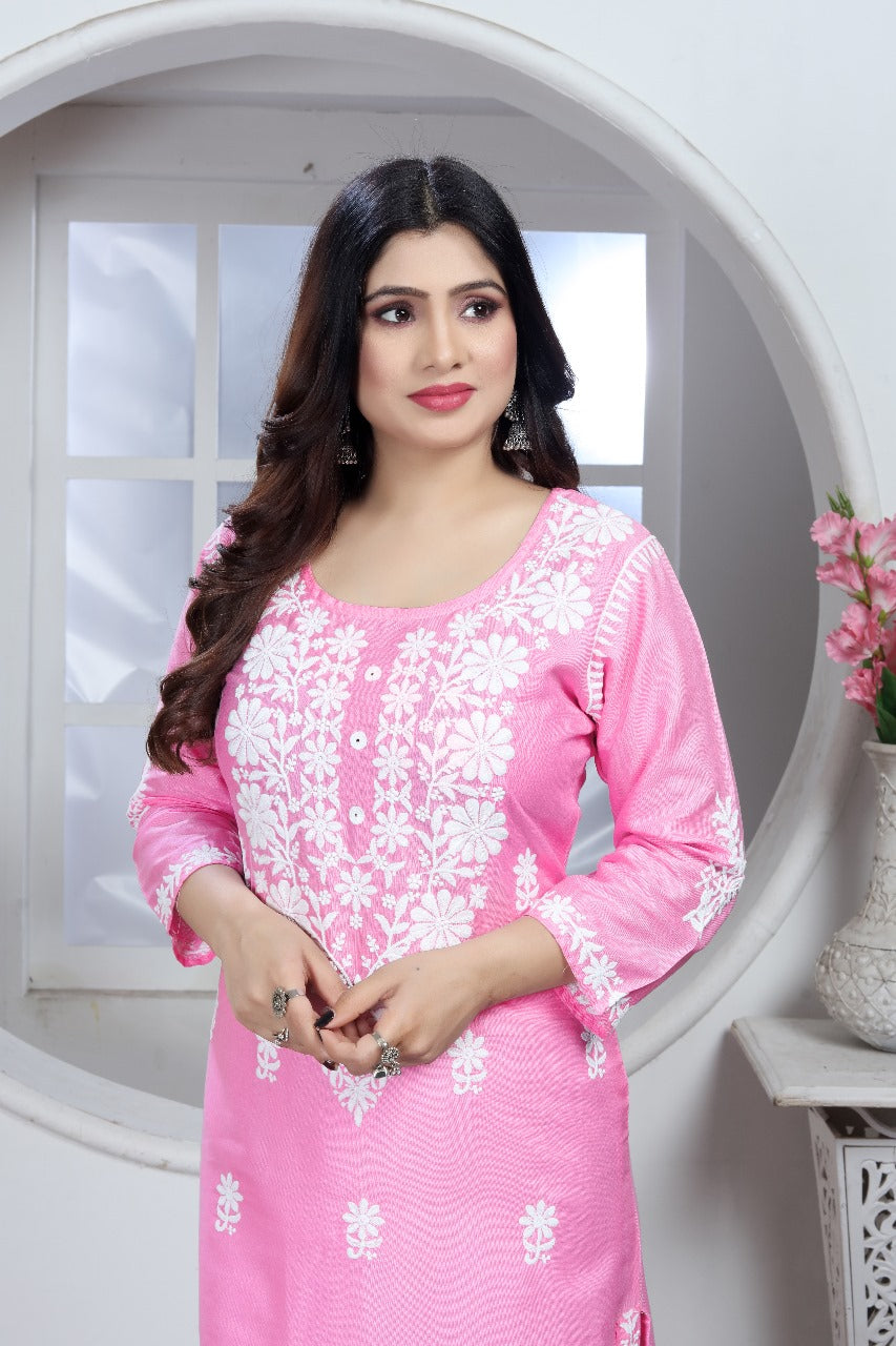 Sui Dhaga Chikankari Elegance Kurti Pant Set Pink