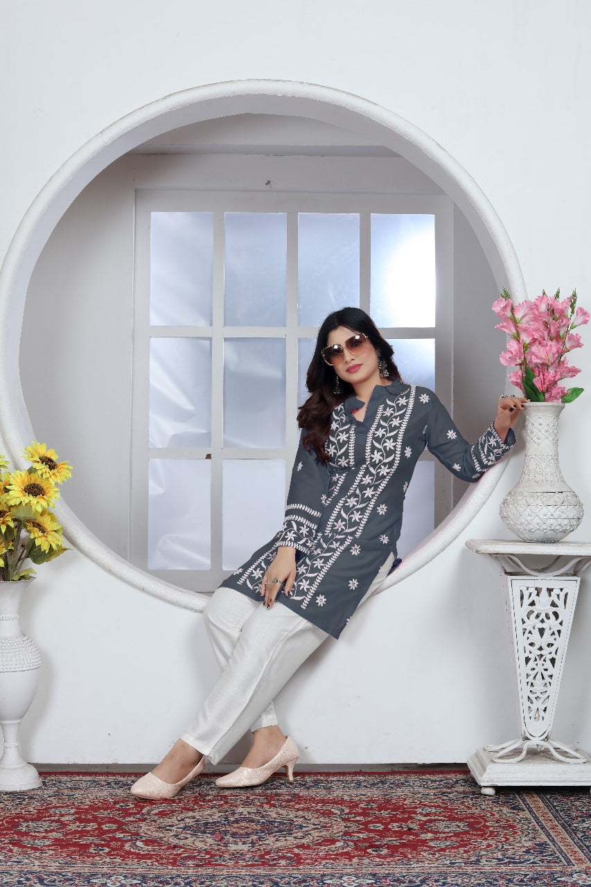 Avira – A blend of tradition and modernity Rayon Embroidery Top Kurti Grey