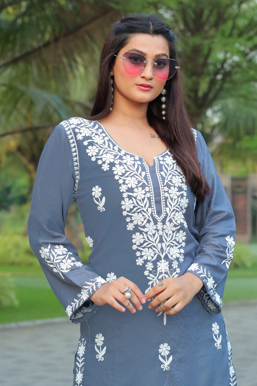 NAZ –  Elegant Chikankari Kurti Plazo Set Grey